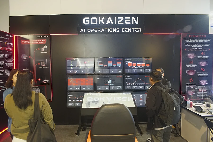 The full width of the stand: screen wall, operator console and the partner panels